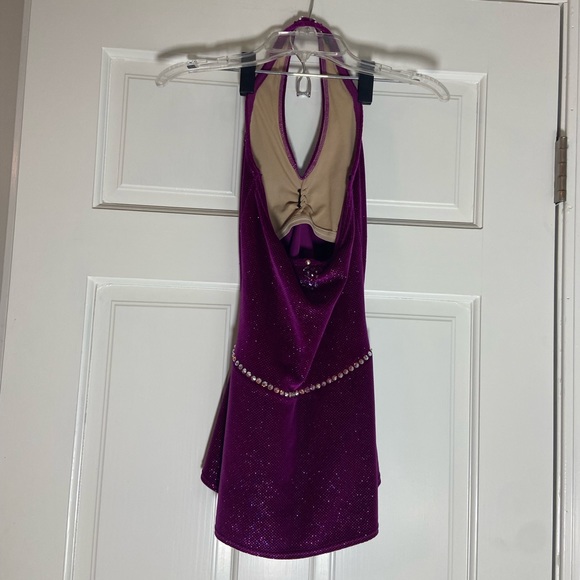 Magenta halter figure skating dress with Swarovski beading - Picture 3 of 14